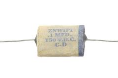 Reproduction 1954 phonebook-style capacitor. White with blue stripe, wax with film condenser. 0.1 mfd, 150 VDC. 2 inch wire lead